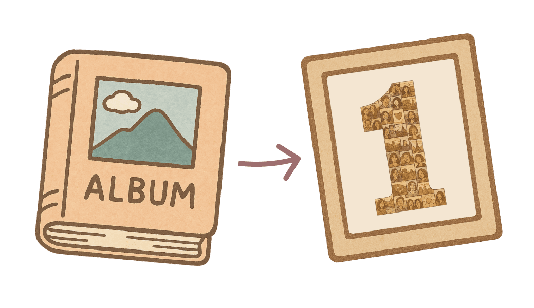 Photo album transforming into a number collage